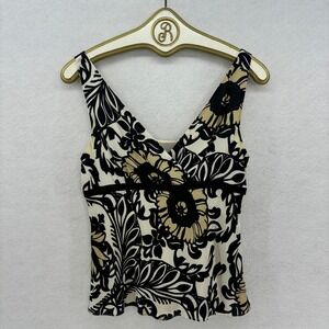 Ann Taylor Silk Sleeveless Blouse Size 6 Floral Black Beige V Neck Lined Top